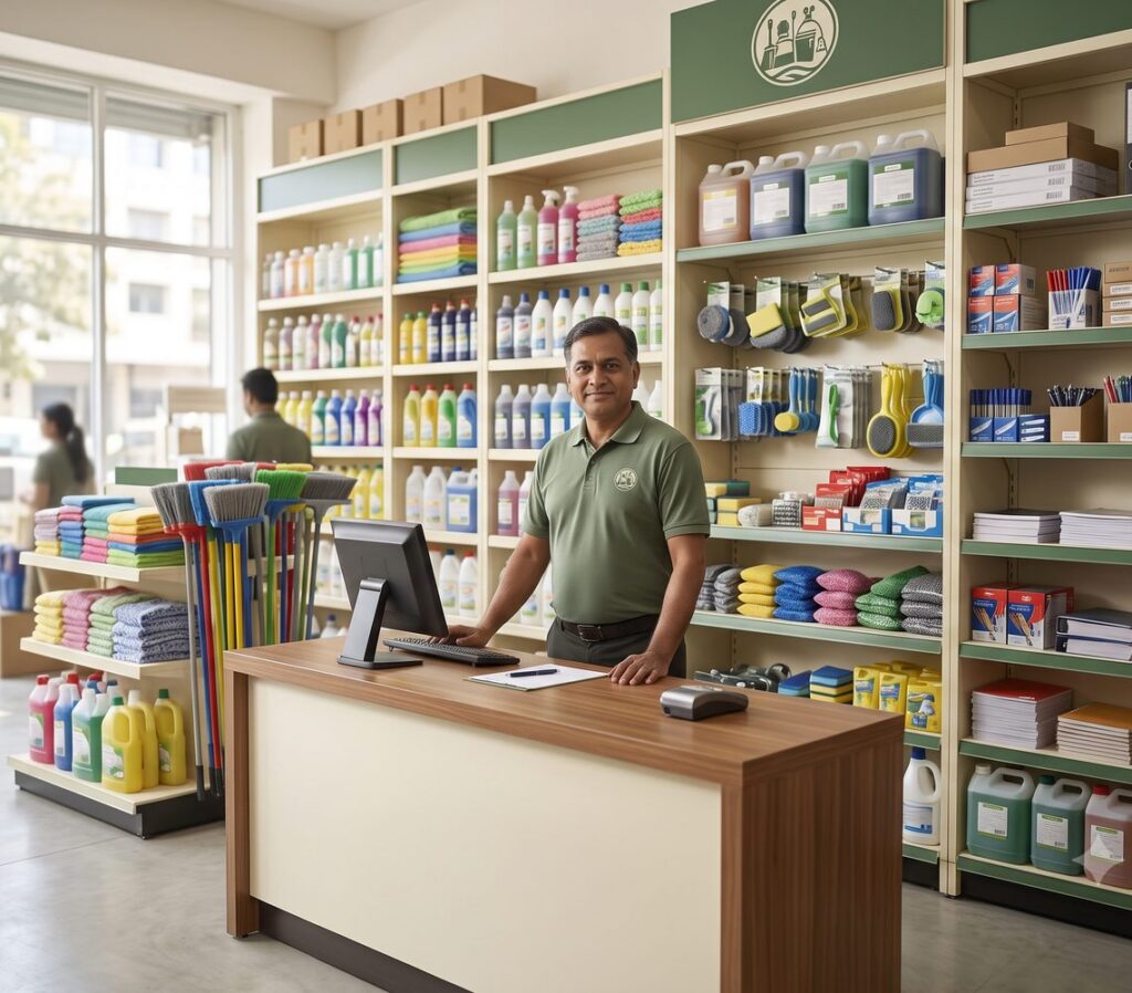 About Chamunda Traders housekeeping and stationery supply store counter