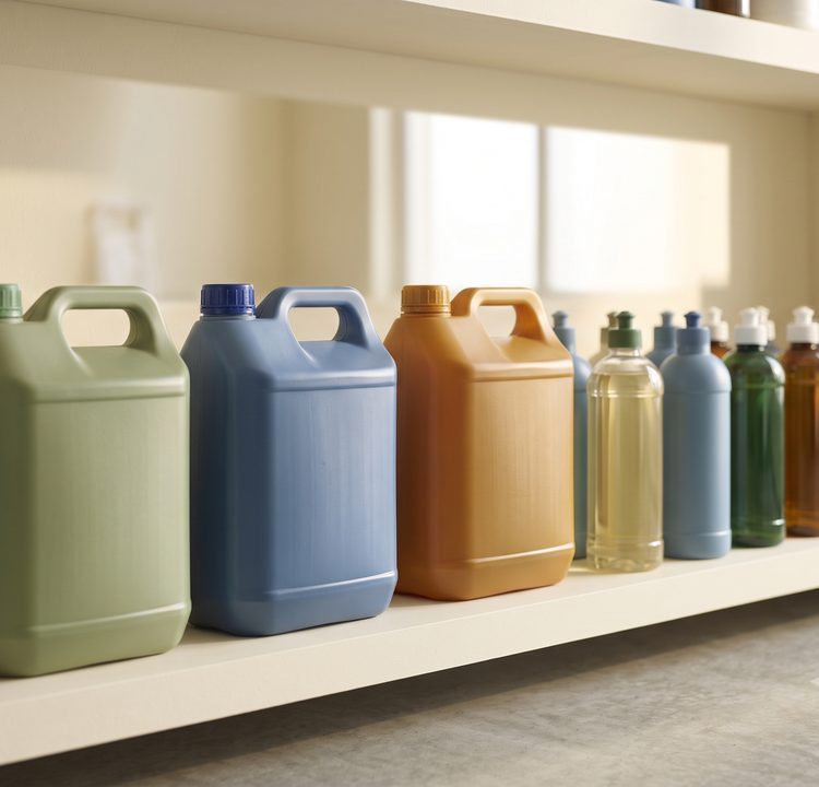Home Bulk cleaning chemical containers on a supply shelf