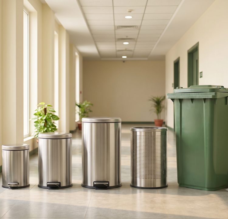 Home Stainless steel pedal bins and a wheeled garbage container