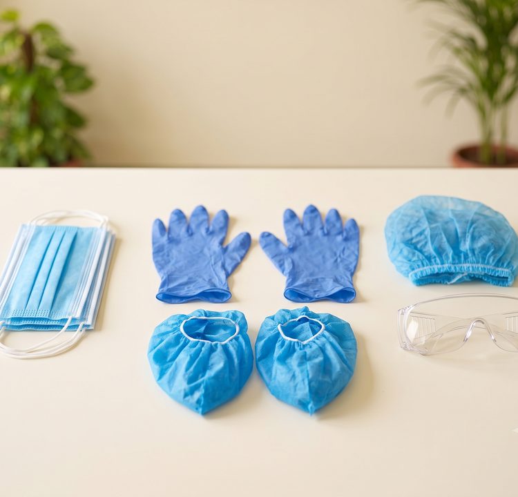 Home Disposable face masks, nitrile gloves, caps, shoe covers and safety goggles