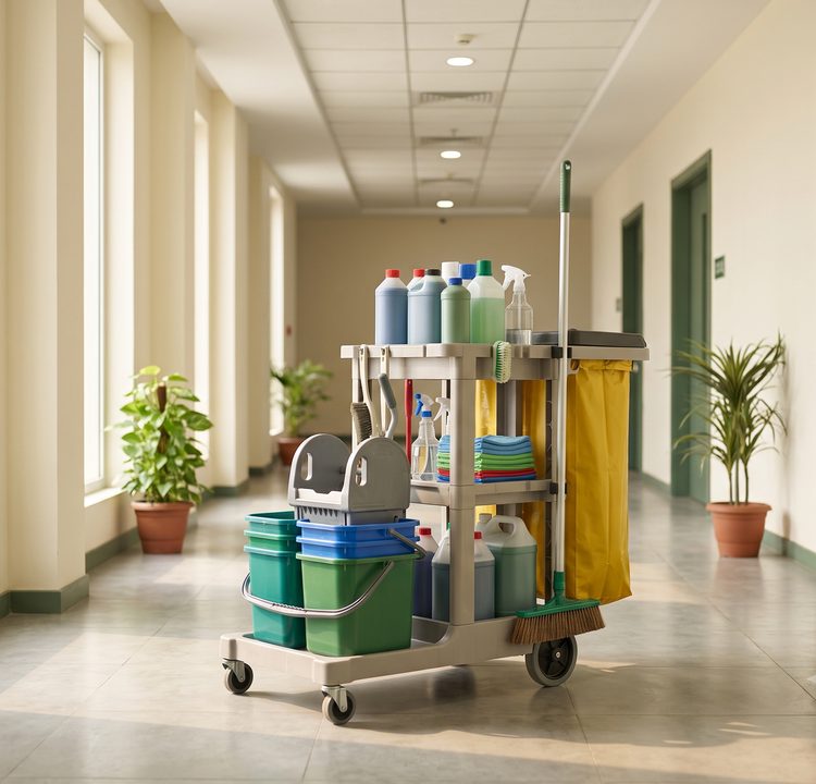 Home Multi-functional housekeeping trolley in an office corridor