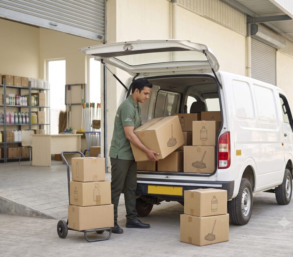 Home Cartons of cleaning supplies being loaded into a delivery van