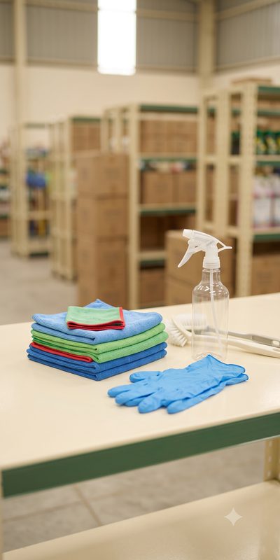 Home Microfibre cleaning cloths, nitrile gloves and a spray bottle