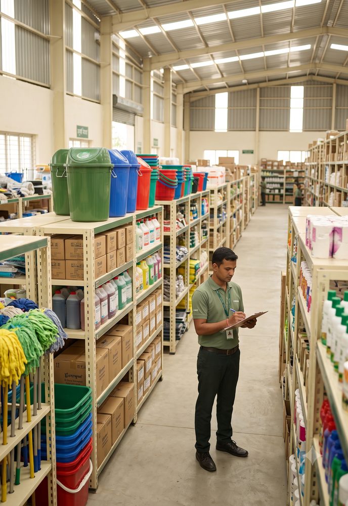 Home Chamunda Traders housekeeping supplies warehouse in Ahmedabad with stocked shelves