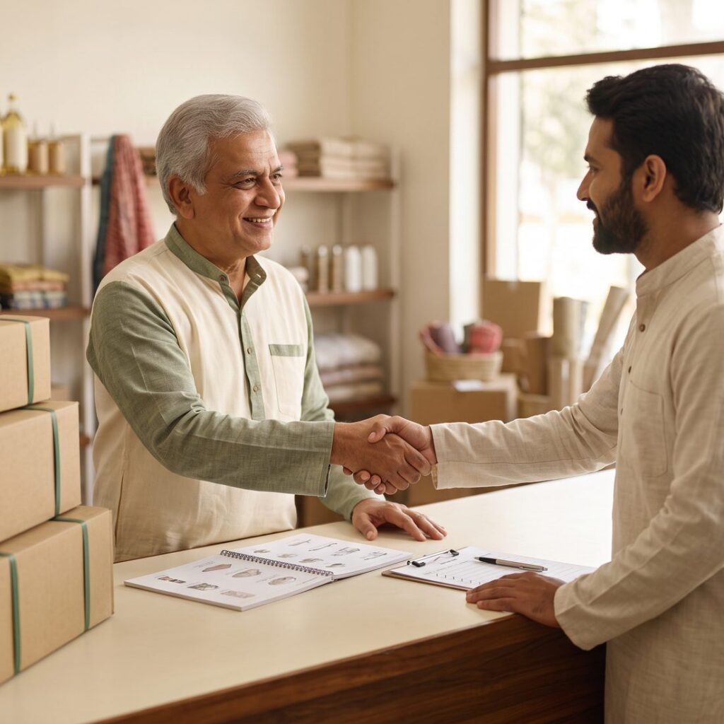 Categories Supplier and client shaking hands over a product catalogue and order sheet