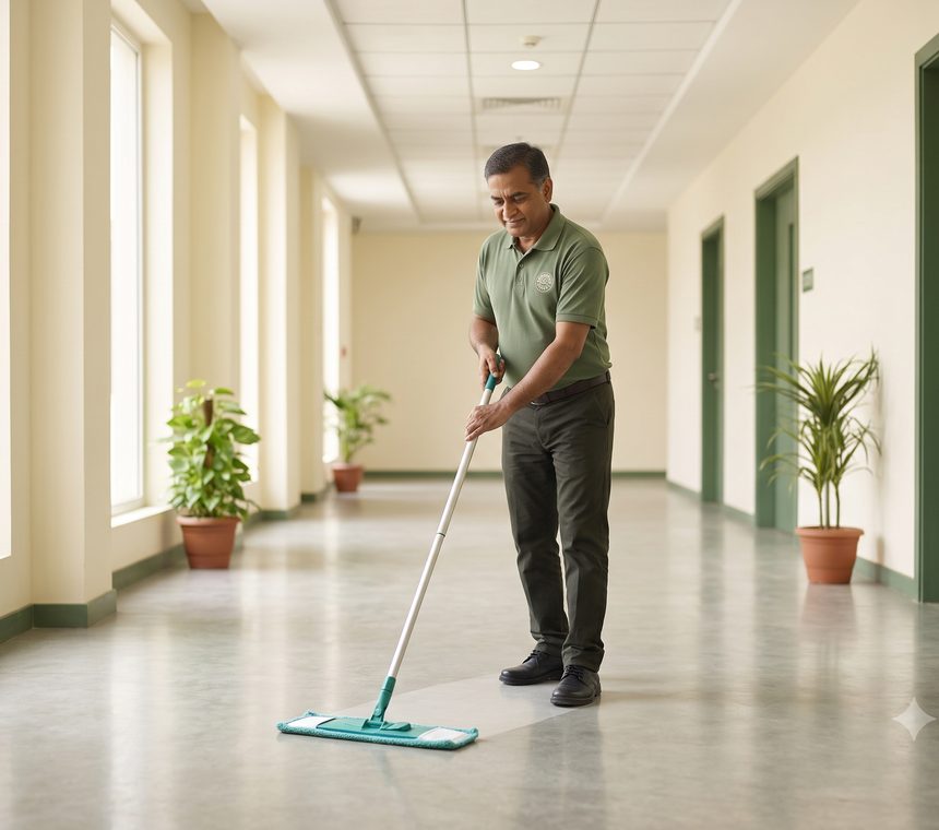 Categories Housekeeping staff mopping an office corridor with a flat dry mop