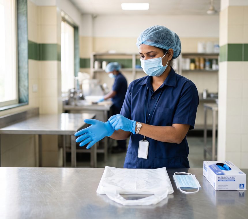 Categories Worker putting on nitrile gloves in a clean facility