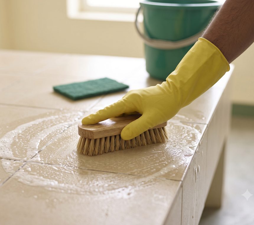 Categories Scrubbing a tiled surface with a stiff cleaning brush